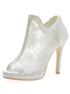 Bottines de mariée bout ouvert talon haut en dentelle blanche Chaussures de mariée