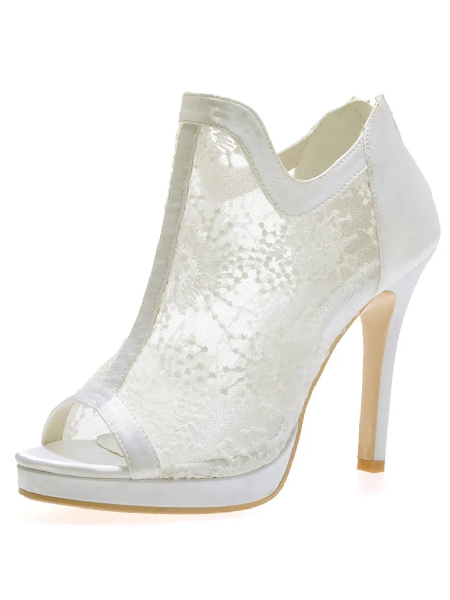 Bottines de mariée bout ouvert talon haut en dentelle blanche Chaussures de mariée