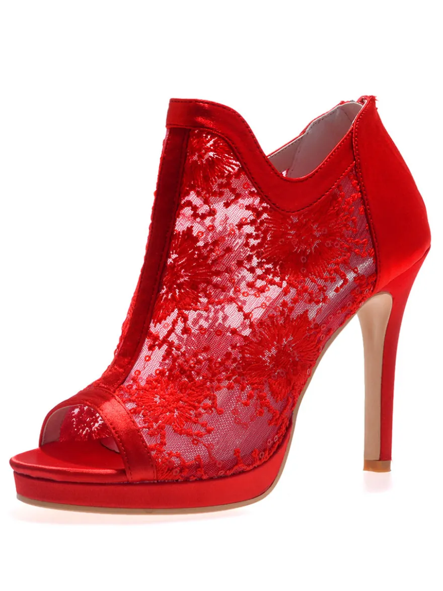 Bottines de mariée bout ouvert talon haut en dentelle blanche Chaussures de mariée