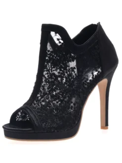 Bottines de mariée bout ouvert talon haut en dentelle blanche Chaussures de mariée