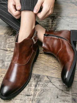 Bottines en cuir pour homme bout pointu boucle réglable fermeture éclair intérieure bottes d'affaires