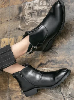 Bottines en cuir pour homme bout pointu boucle réglable fermeture éclair intérieure bottes d'affaires