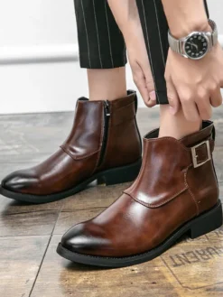 Bottines en cuir pour homme bout pointu boucle réglable fermeture éclair intérieure bottes d'affaires