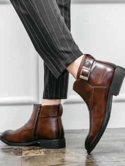 Bottines en cuir pour homme bout pointu boucle réglable fermeture éclair intérieure bottes d'affaires