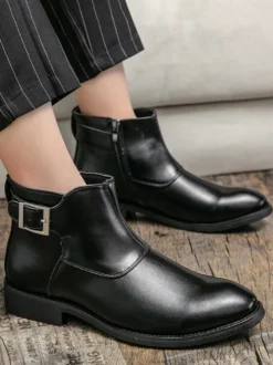 Bottines en cuir pour homme bout pointu boucle réglable fermeture éclair intérieure bottes d'affaires