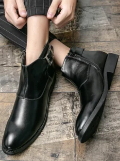 Bottines en cuir pour homme bout pointu boucle réglable fermeture éclair intérieure bottes d'affaires