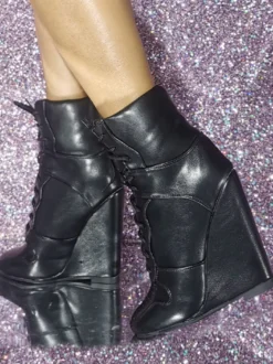 Bottines en cuir PU à bout rond et talon compensé pour femmes