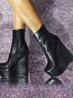 Bottines en cuir PU à bout rond et talon compensé pour femmes