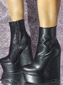 Bottines en cuir PU à bout rond et talon compensé pour femmes