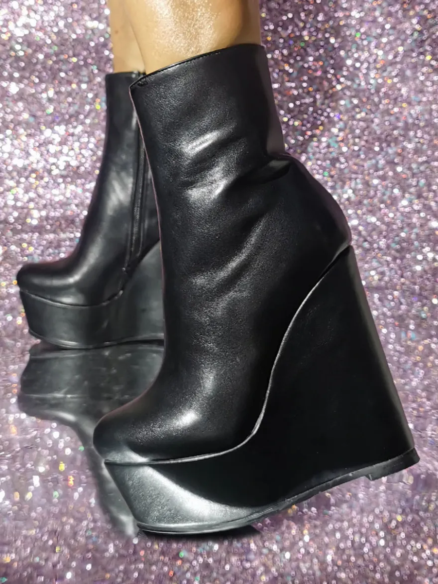 Bottines en cuir PU à bout rond et talon compensé pour femmes