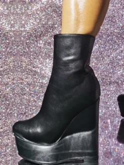 Bottines en cuir PU à bout rond et talon compensé pour femmes
