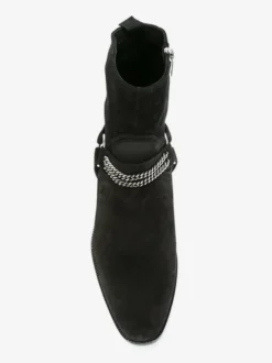 Bottines en daim noir pour homme style western à talon épais et détails en chaîne