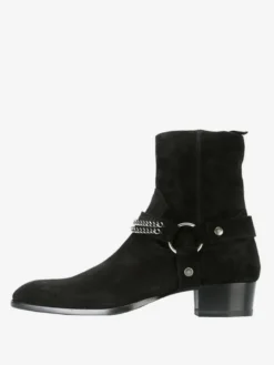 Bottines en daim noir pour homme style western à talon épais et détails en chaîne