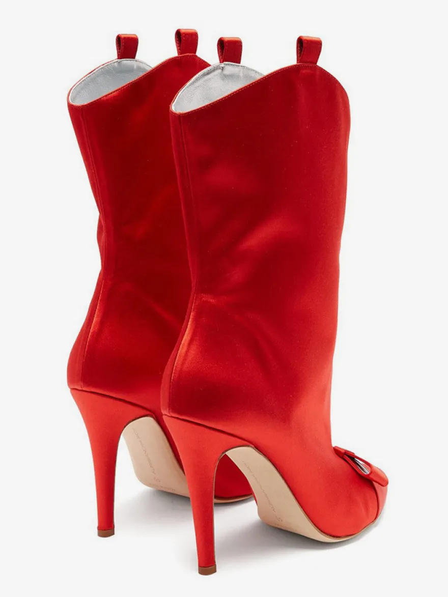 Bottines en satin à bout pointu et nœud pour femmes à talons hauts