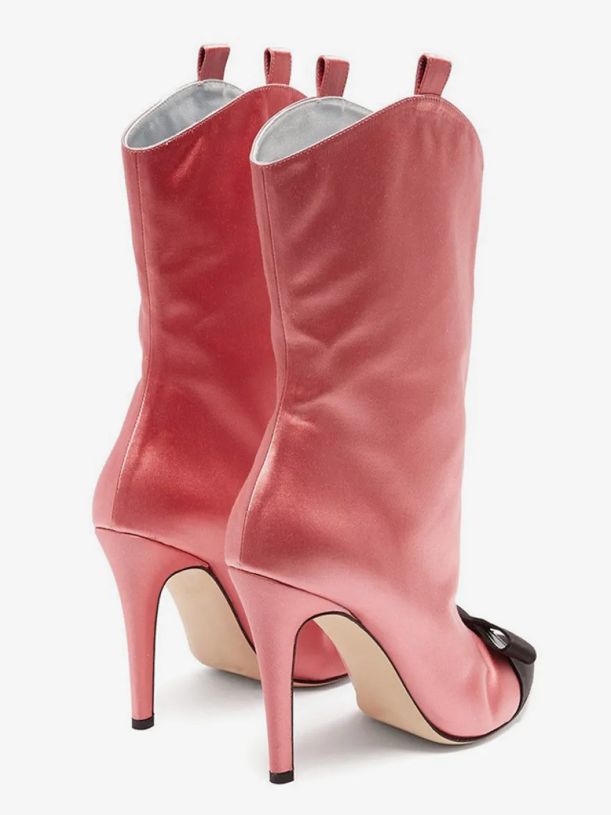 Bottines en satin à bout pointu et nœud pour femmes à talons hauts