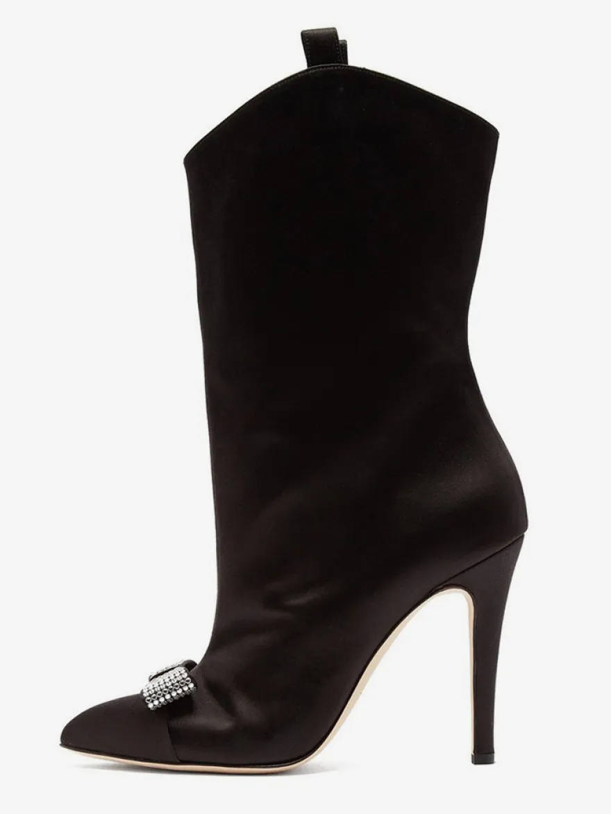 Bottines en satin à bout pointu et nœud pour femmes à talons hauts