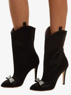 Bottines en satin à bout pointu et nœud pour femmes à talons hauts