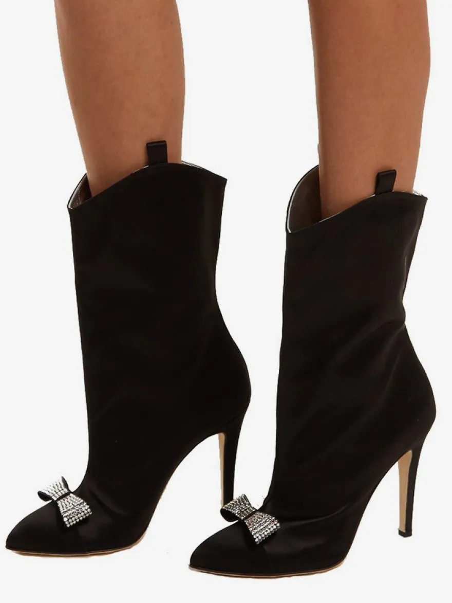 Bottines en satin à bout pointu et nœud pour femmes à talons hauts