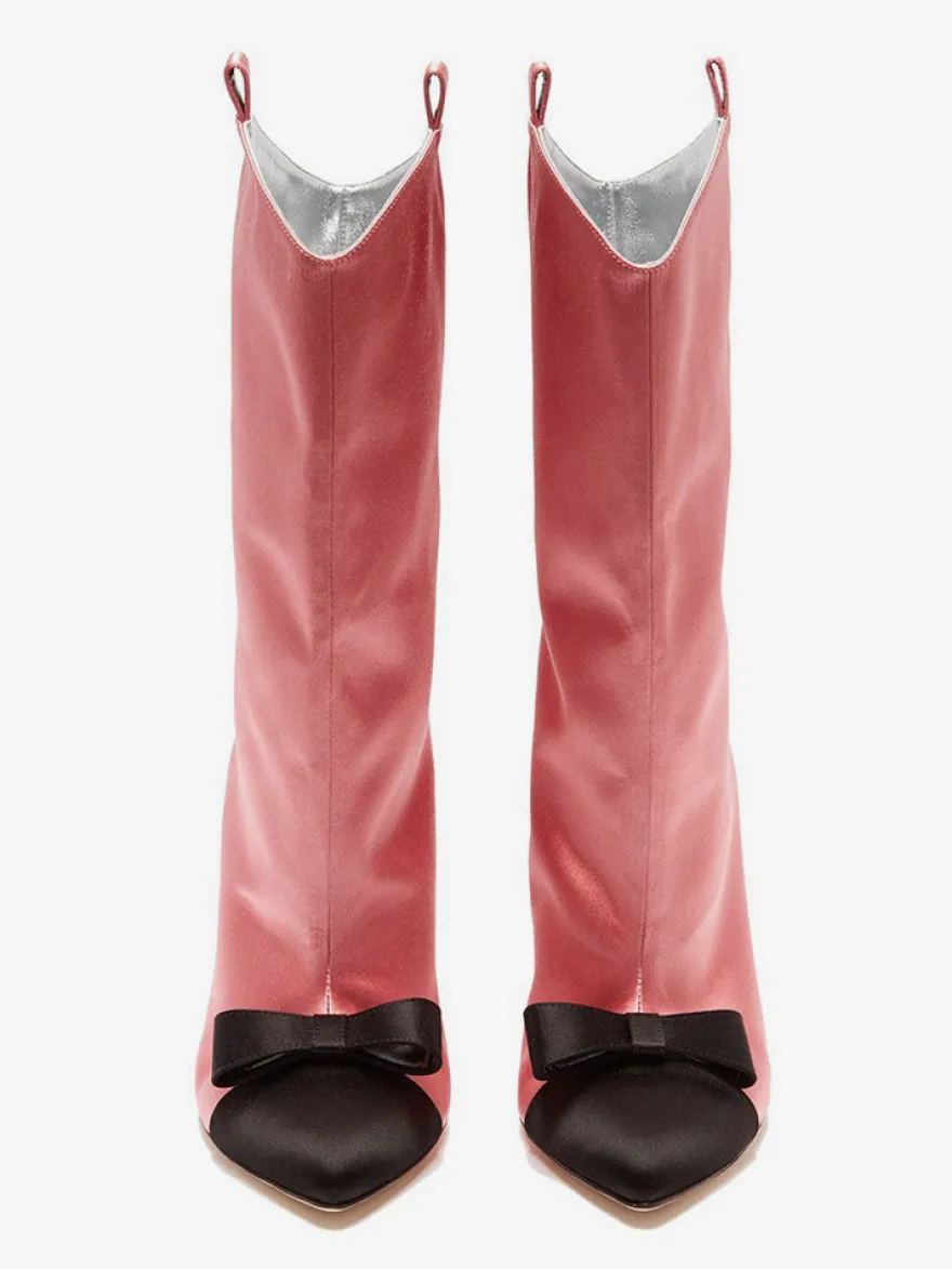 Bottines en satin à bout pointu et nœud pour femmes à talons hauts