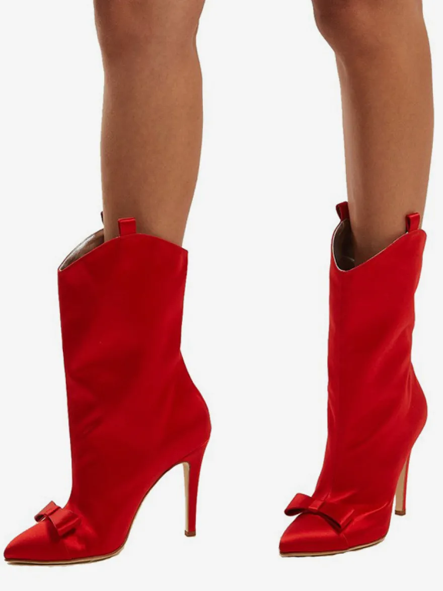 Bottines en satin à bout pointu et nœud pour femmes à talons hauts