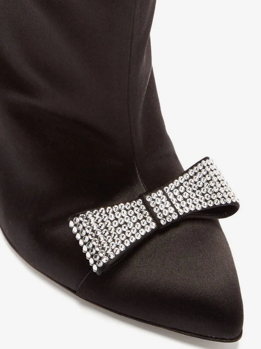 Bottines en satin à bout pointu et nœud pour femmes à talons hauts