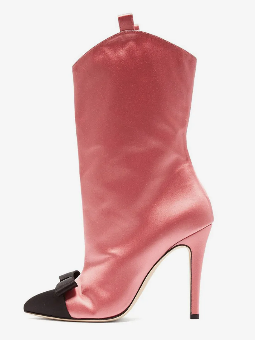 Bottines en satin à bout pointu et nœud pour femmes à talons hauts