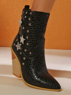 Bottines femme en cuir jaune bout pointu talon épais bottillons imprimé peau de serpent