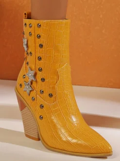 Bottines femme en cuir jaune bout pointu talon épais bottillons imprimé peau de serpent