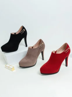 Bottines Femme Noir Micro Daim Bout Pointu Détails Métalliques Talon Aiguille Zip Latéral Bottines