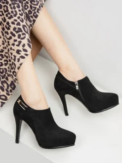 Bottines Femme Noir Micro Daim Bout Pointu Détails Métalliques Talon Aiguille Zip Latéral Bottines