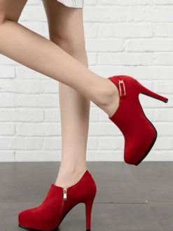 Bottines Femme Noir Micro Daim Bout Pointu Détails Métalliques Talon Aiguille Zip Latéral Bottines