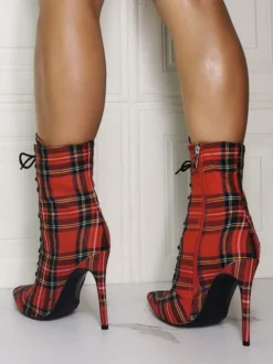 Bottines Femme Toile Rouge Bout Pointu Talon Aiguille Ciel Haut Chaussons Pied De Poule