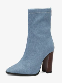 Bottines à fermeture éclair bleu ciel clair pour femmes bottes à bout pointu et talon épais
