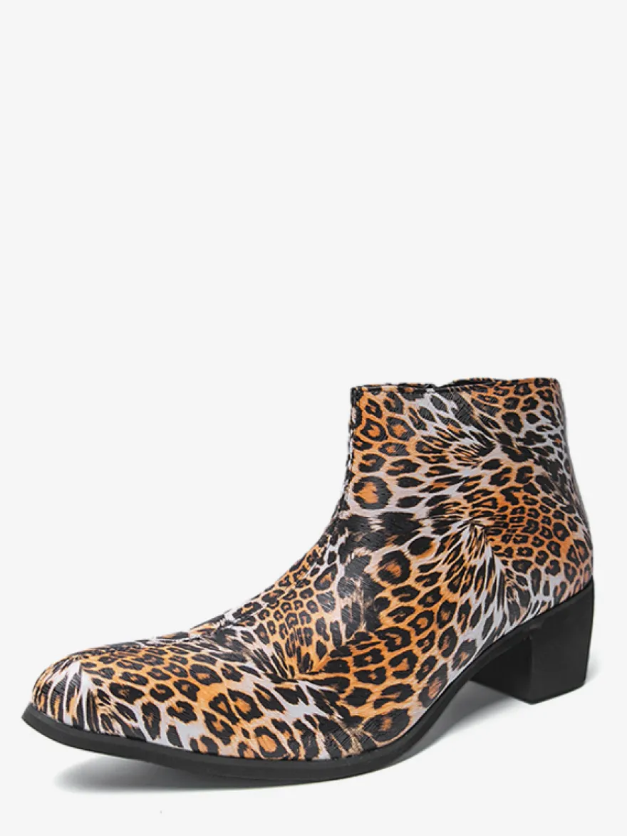 Bottines homme à talon épais et bout rond style léopard