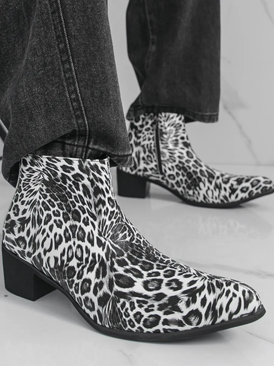 Bottines homme à talon épais et bout rond style léopard