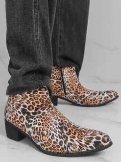 Bottines homme à talon épais et bout rond style léopard