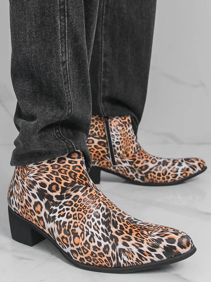 Bottines homme à talon épais et bout rond style léopard