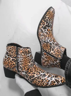 Bottines homme à talon épais et bout rond style léopard