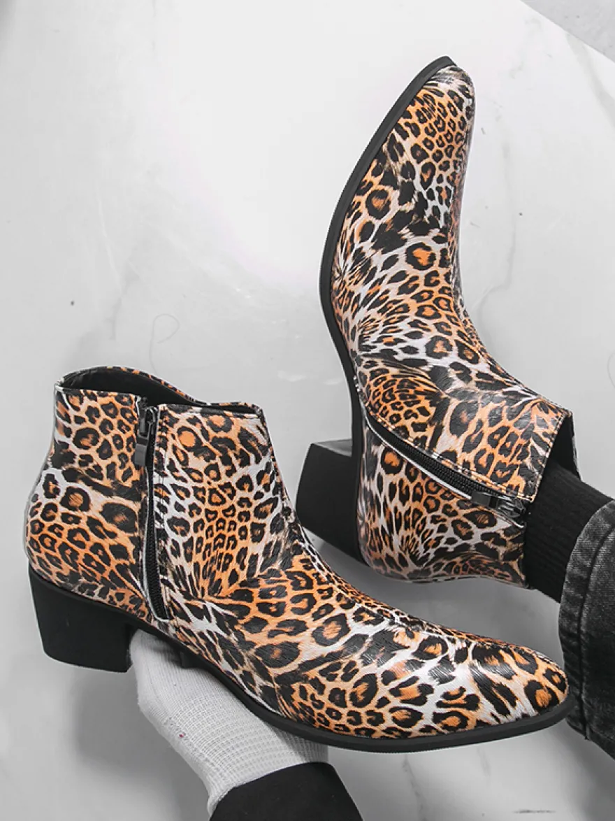 Bottines homme à talon épais et bout rond style léopard
