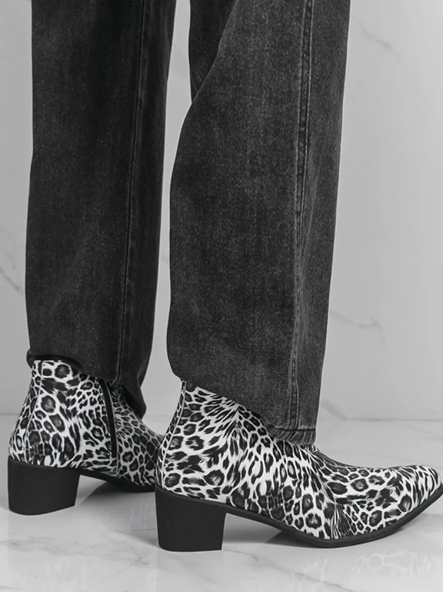 Bottines homme à talon épais et bout rond style léopard