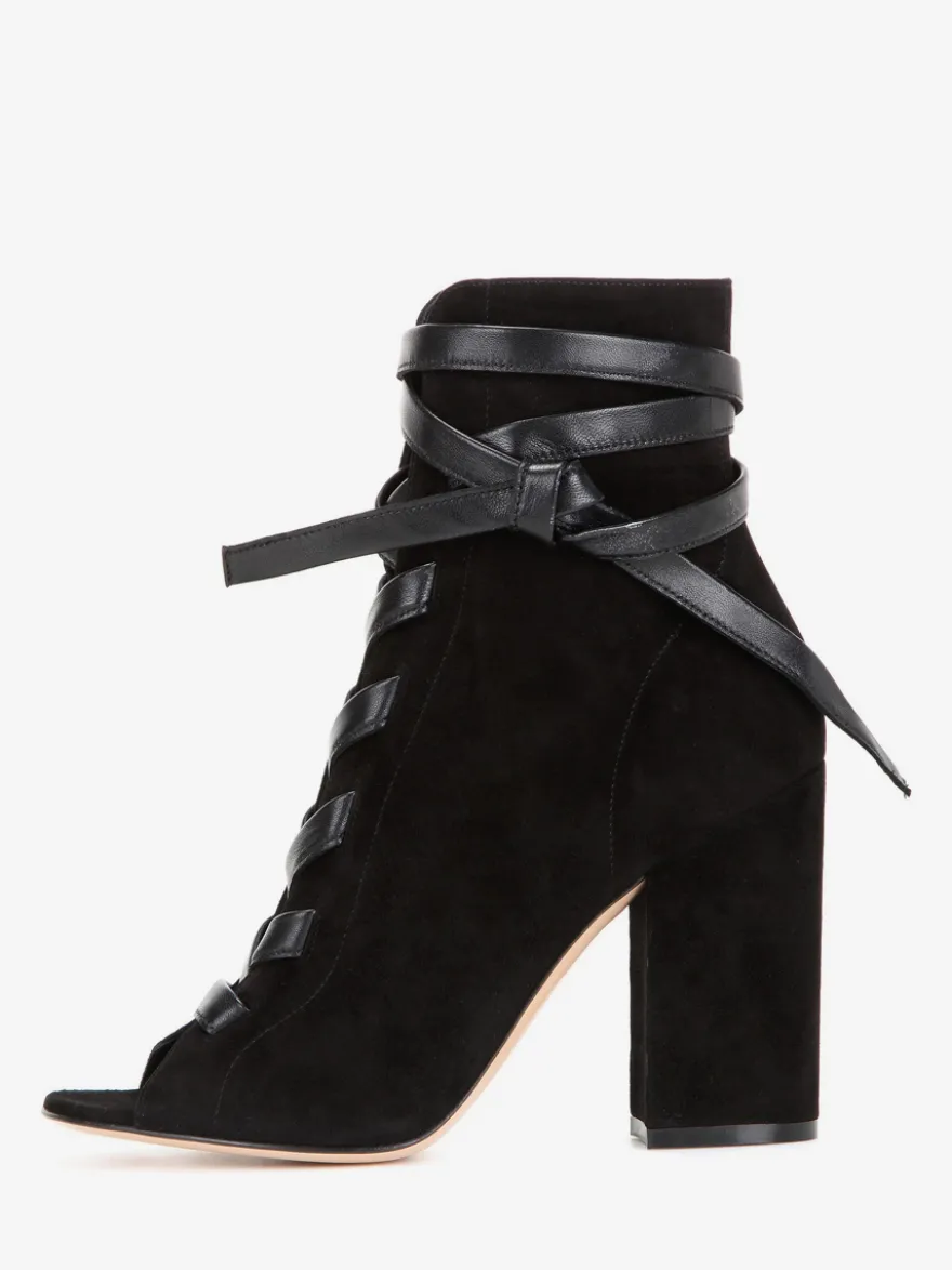 Bottines à lacets en daim noir pour femmes bout ouvert talon épais