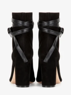 Bottines à lacets en daim noir pour femmes bout ouvert talon épais