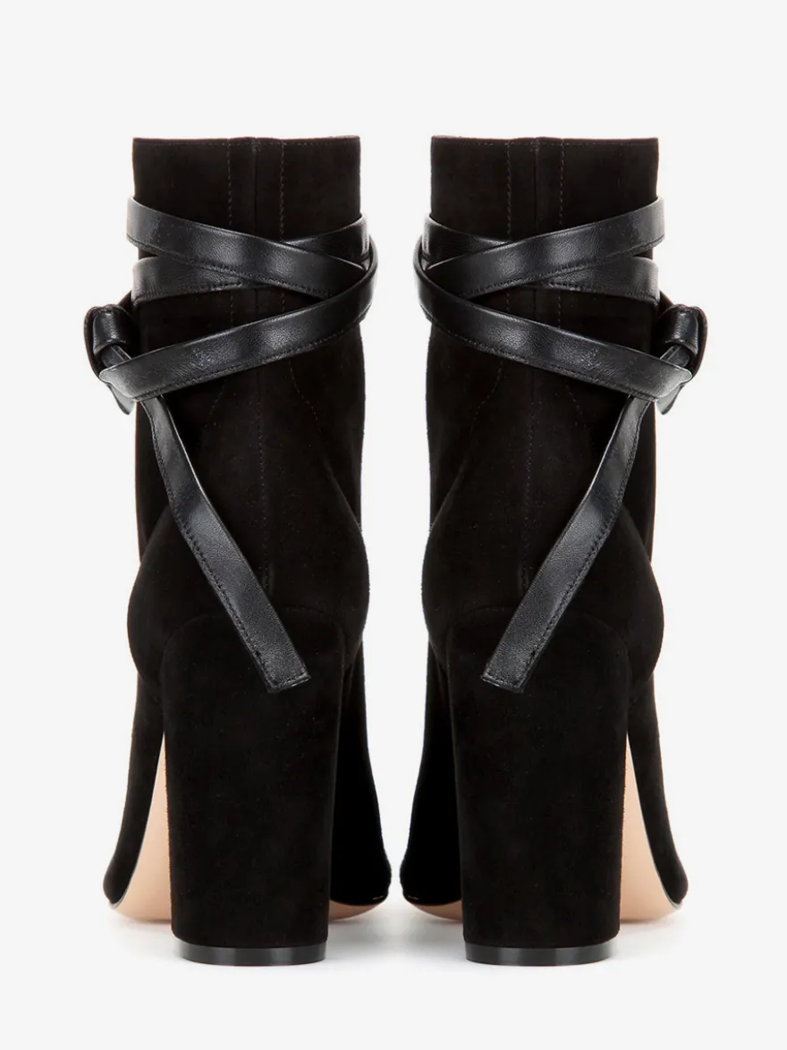 Bottines à lacets en daim noir pour femmes bout ouvert talon épais