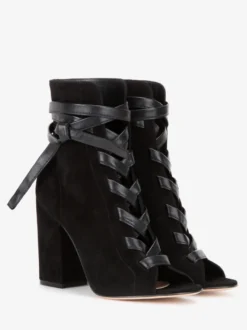 Bottines à lacets en daim noir pour femmes bout ouvert talon épais