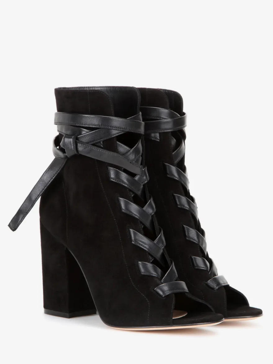 Bottines à lacets en daim noir pour femmes bout ouvert talon épais