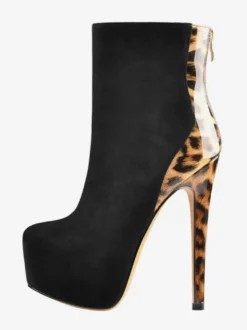 Bottines à lacets léopard pour femmes bottes à fermeture éclair en cuir PU bout rond talon aiguille
