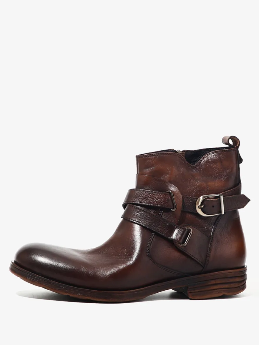 Bottines marron en cuir véritable bout rond fermeture éclair et boucle