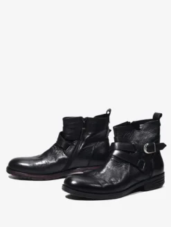 Bottines marron en cuir véritable bout rond fermeture éclair et boucle