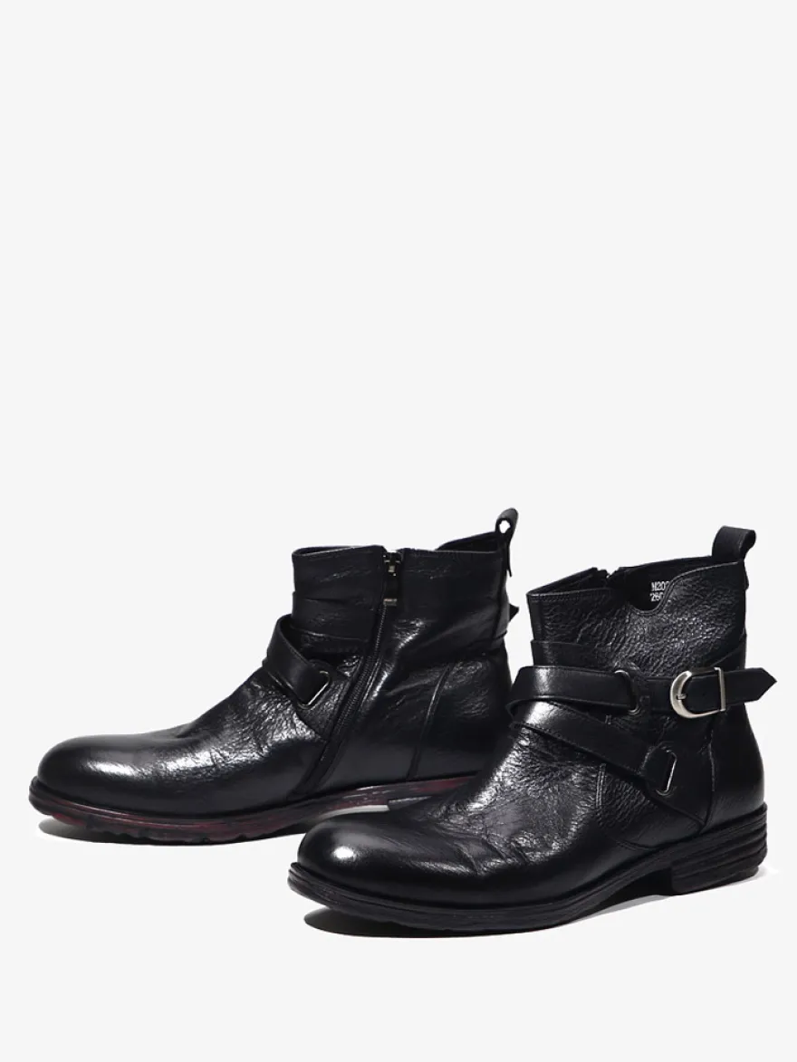 Bottines marron en cuir véritable bout rond fermeture éclair et boucle