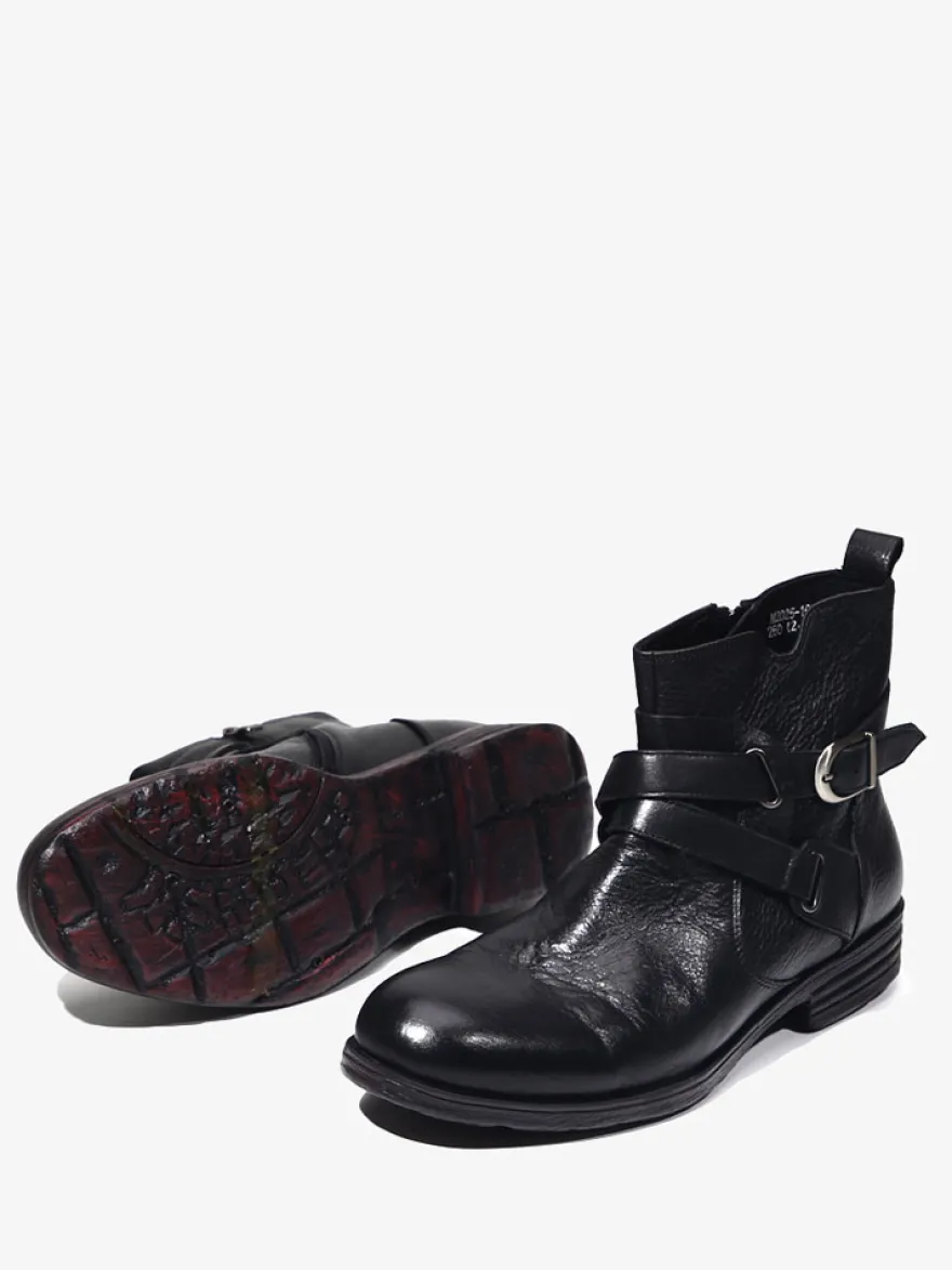 Bottines marron en cuir véritable bout rond fermeture éclair et boucle